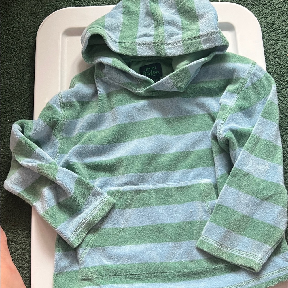 Mini Boden Terry Striped Hoodie in Light Green and Blue